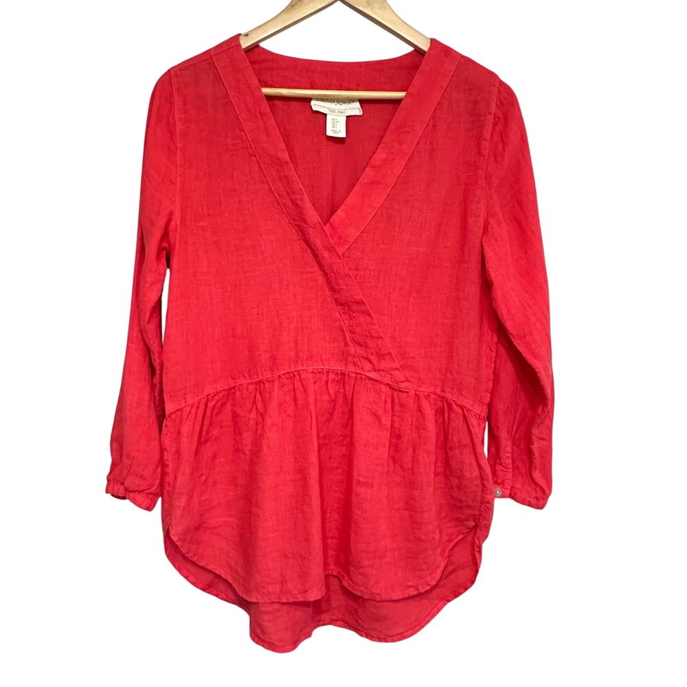 Cynthia Rowley Linen Crossover Top Blouse Womens S Coral V-Neck Relaxed Beach